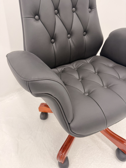 Luxury Medium Back Black Genuine Leather Executive Chesterfield Office Chair - Reclining Feature - 2302B