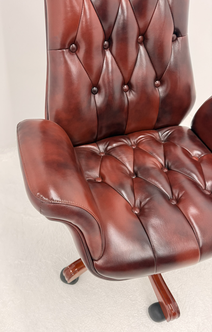 Luxury High Back Burgundy Genuine Leather Executive Chesterfield Office Chair - Reclining Feature - 2302A