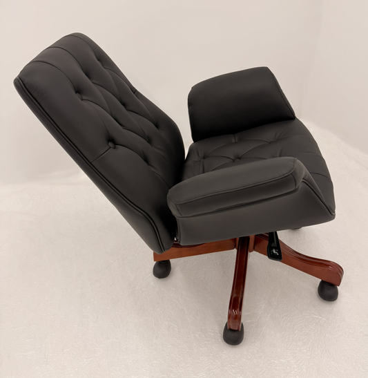 Luxury Medium Back Black Genuine Leather Executive Chesterfield Office Chair - Reclining Feature - 2302B