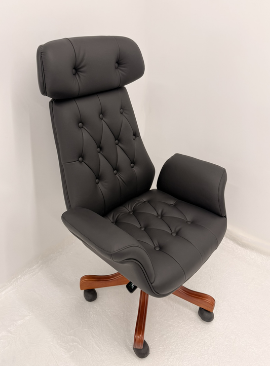 Luxury High Back Black Genuine Leather Executive Chesterfield Office Chair - Reclining Feature - 2302A