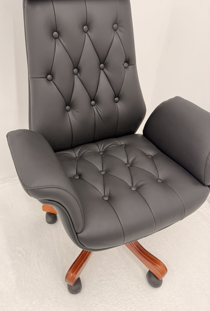Luxury High Back Black Genuine Leather Executive Chesterfield Office Chair - Reclining Feature - 2302A