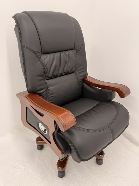 Traditional High Back Black Genuine Leather with Walnut Veneered Arms - A766