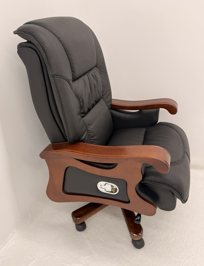Traditional High Back Black Genuine Leather with Walnut Veneered Arms - A766