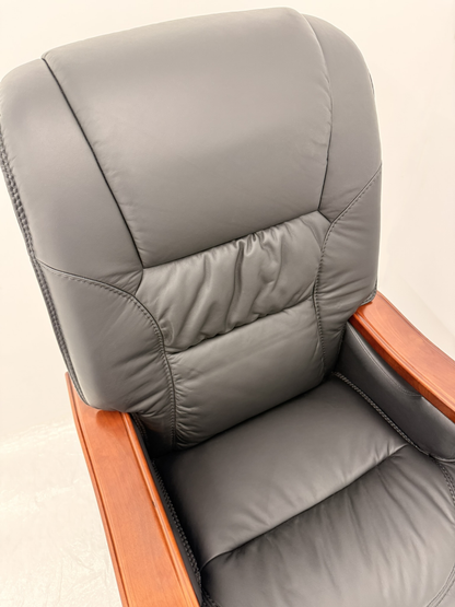 Traditional High Back Black Genuine Leather with Walnut Veneered Arms - A766