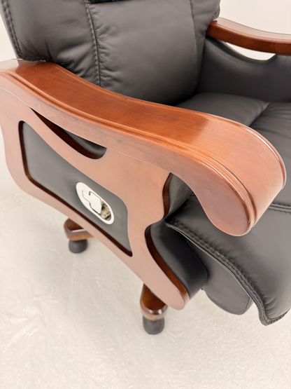 Traditional High Back Black Genuine Leather with Walnut Veneered Arms - A766