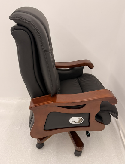 Traditional High Back Black Genuine Leather with Walnut Veneered Arms - A766