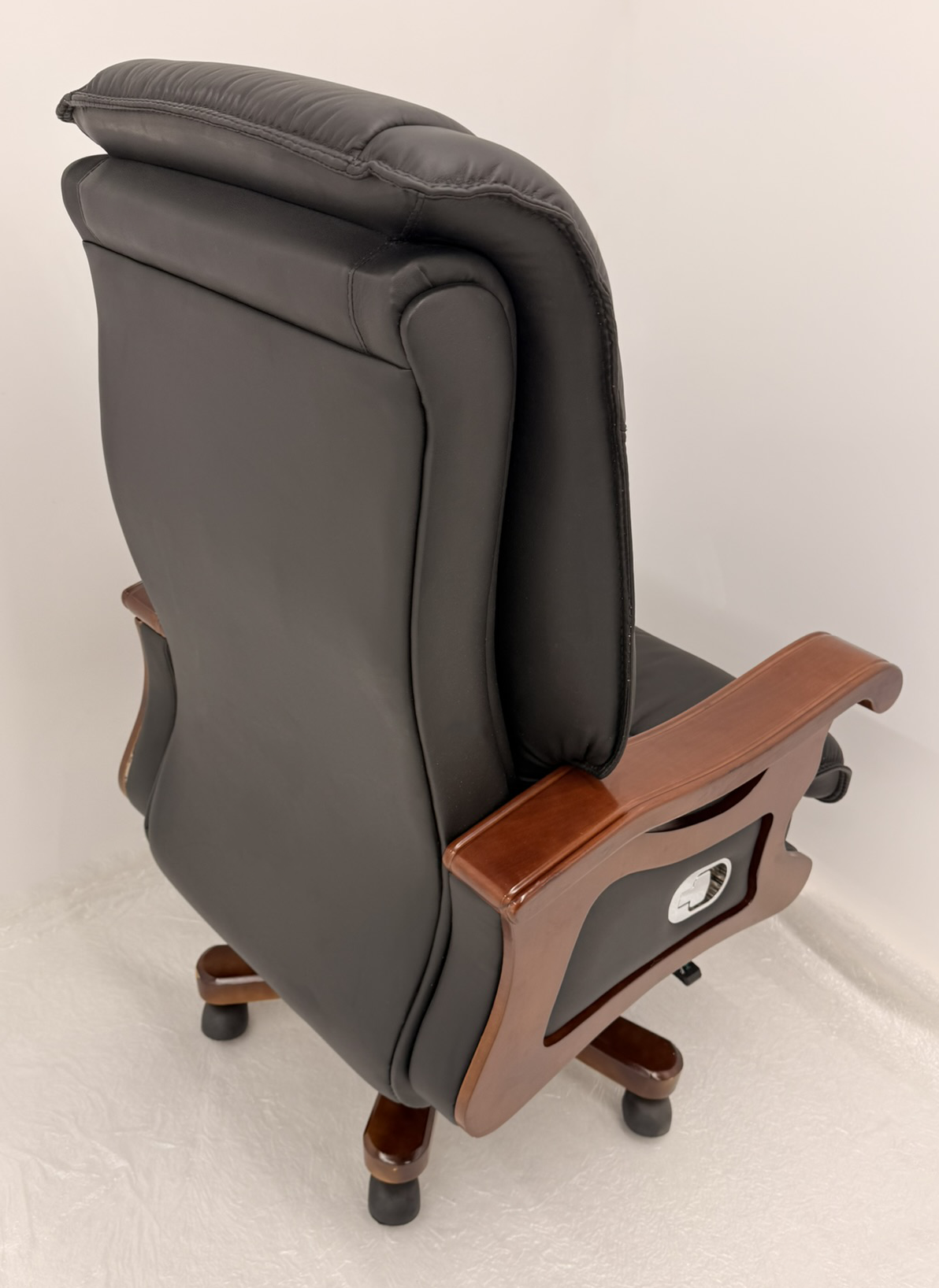 Traditional High Back Black Genuine Leather with Walnut Veneered Arms - A766