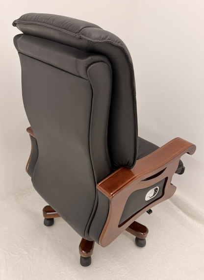 Traditional High Back Black Genuine Leather with Walnut Veneered Arms - A766