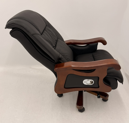 Traditional High Back Black Genuine Leather with Walnut Veneered Arms - A766