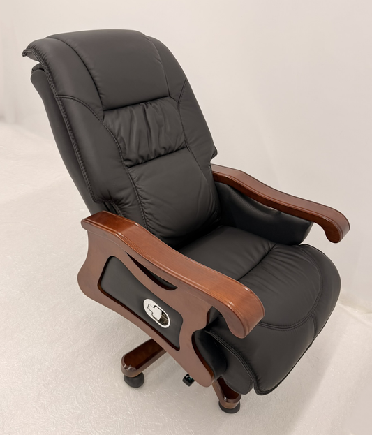 Traditional High Back Black Genuine Leather with Walnut Veneered Arms - A766