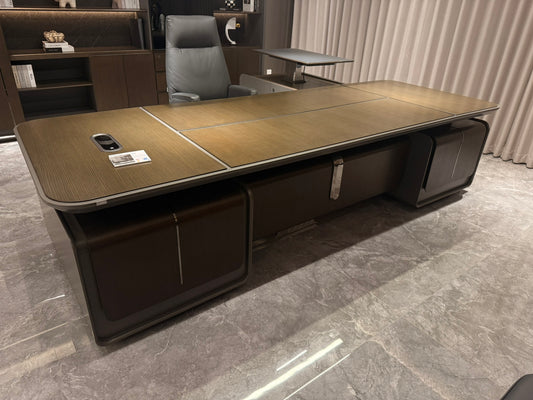 Large Walnut Real Wood Veneer Executive Straight Office Desk with Built in Storage - UK Power Sockets Integrated - 2800mm - J-JQ-BB28