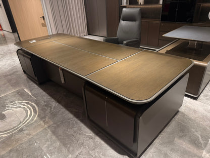 Large Walnut Real Wood Veneer Executive Straight Office Desk with Built in Storage - UK Power Sockets Integrated - 2800mm - J-JQ-BB28