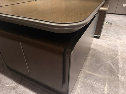Large Walnut Real Wood Veneer Executive Straight Office Desk with Built in Storage - UK Power Sockets Integrated - 2800mm - J-JQ-BB28