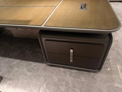 Large Walnut Real Wood Veneer Executive Straight Office Desk with Built in Storage - UK Power Sockets Integrated - 2800mm - J-JQ-BB28