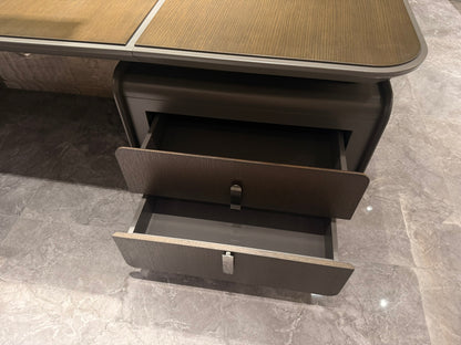 Large Walnut Real Wood Veneer Executive Straight Office Desk with Built in Storage - UK Power Sockets Integrated - 2800mm - J-JQ-BB28