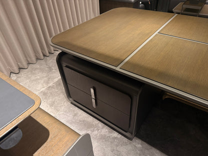 Large Walnut Real Wood Veneer Executive Straight Office Desk with Built in Storage - UK Power Sockets Integrated - 2800mm - J-JQ-BB28
