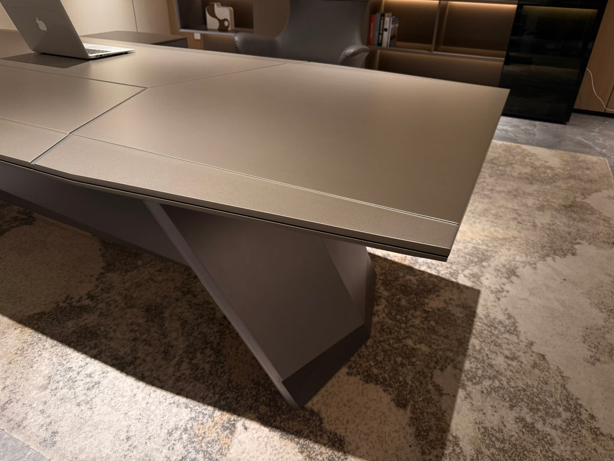 Modern Designer Executive Office Corner Desk with Champagne Grey Metallic Finish - LED and UK Power Sockets Included - 2400mm - J-KR-B24