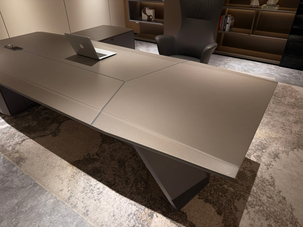 Modern Designer Executive Office Corner Desk with Champagne Grey Metallic Finish - LED and UK Power Sockets Included - 2400mm - J-KR-B24