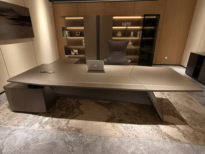 Modern Designer Executive Office Corner Desk with Champagne Grey Metallic Finish - LED and UK Power Sockets Included - 2400mm - J-KR-B24