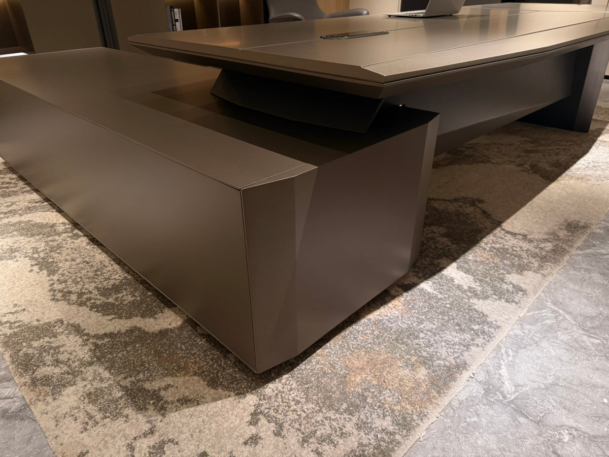 Modern Designer Executive Office Corner Desk with Champagne Grey Metallic Finish - LED and UK Power Sockets Included - 2400mm - J-KR-B24