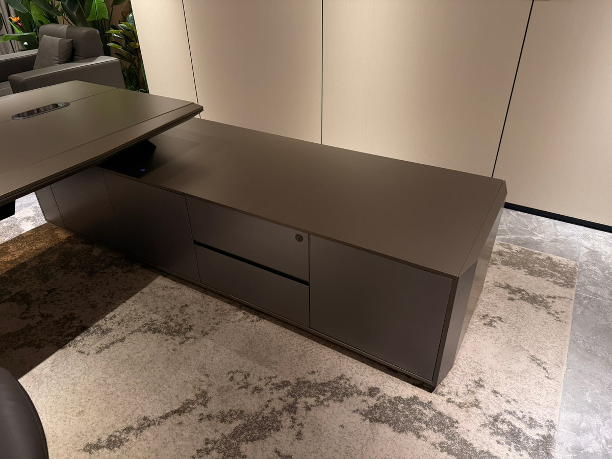 Modern Designer Executive Office Corner Desk with Champagne Grey Metallic Finish - LED and UK Power Sockets Included - 2400mm - J-KR-B24