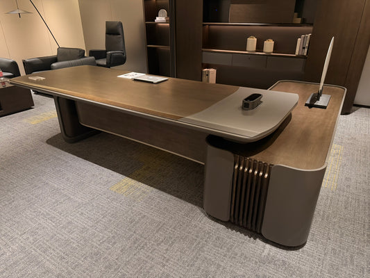 Walnut Real Wood Veneer Executive Corner Office Desk with Contrasting Grey Panels - 2400mm - JS-PS-B24