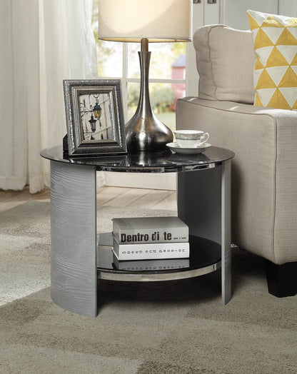 Round Black Glass Lamp / Side Table with Grey Veneer - 610mm - JF303