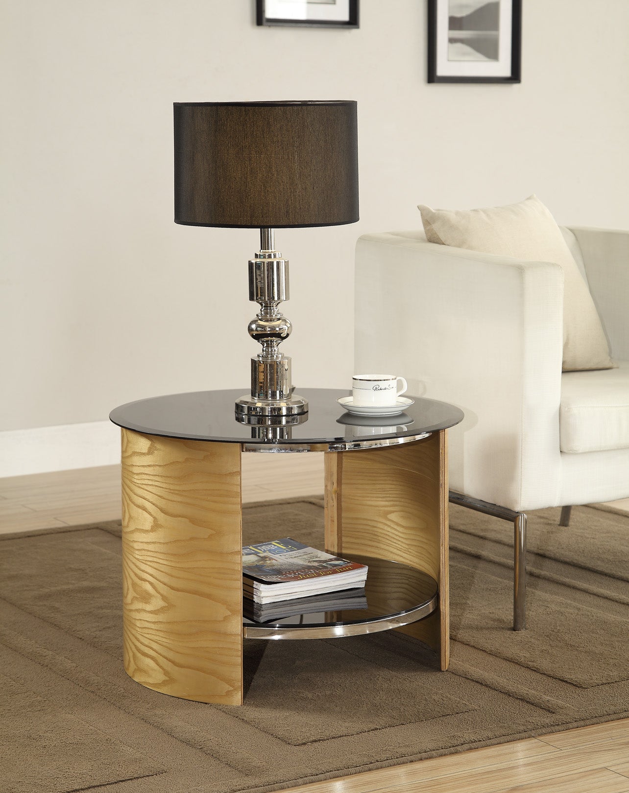Round Black Glass Lamp / Side Table with Oak Veneer - 610mm - JF303