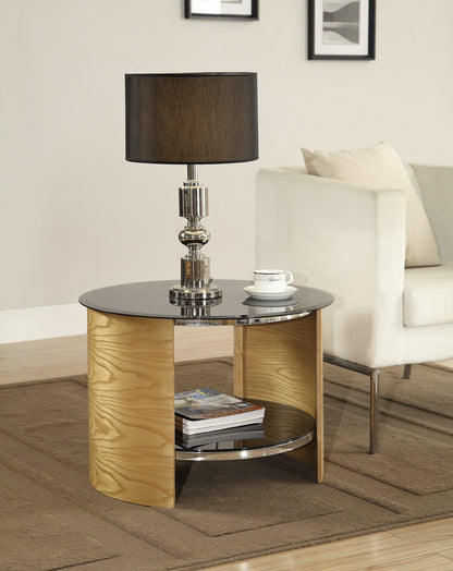 Round Black Glass Lamp / Side Table with Oak Veneer - 610mm - JF303