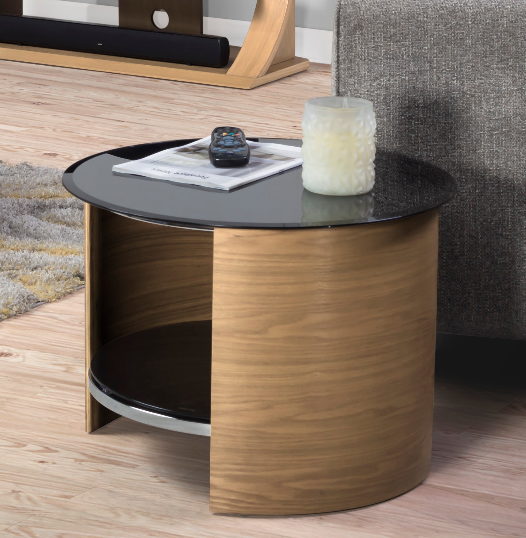 Round Black Glass Lamp / Side Table with Oak Veneer - 610mm - JF303 UK