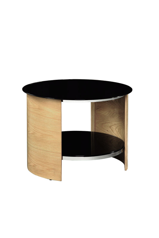 Round Black Glass Lamp / Side Table with Oak Veneer - 610mm - JF303