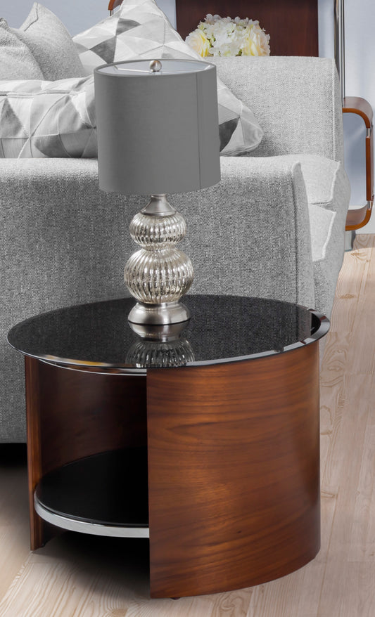 Round Black Glass Lamp / Side Table with Walnut Veneer - 610mm - JF303