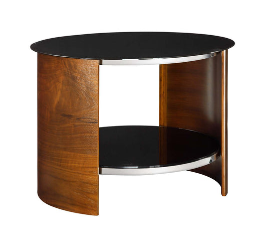 Round Black Glass Lamp / Side Table with Walnut Veneer - 610mm - JF303