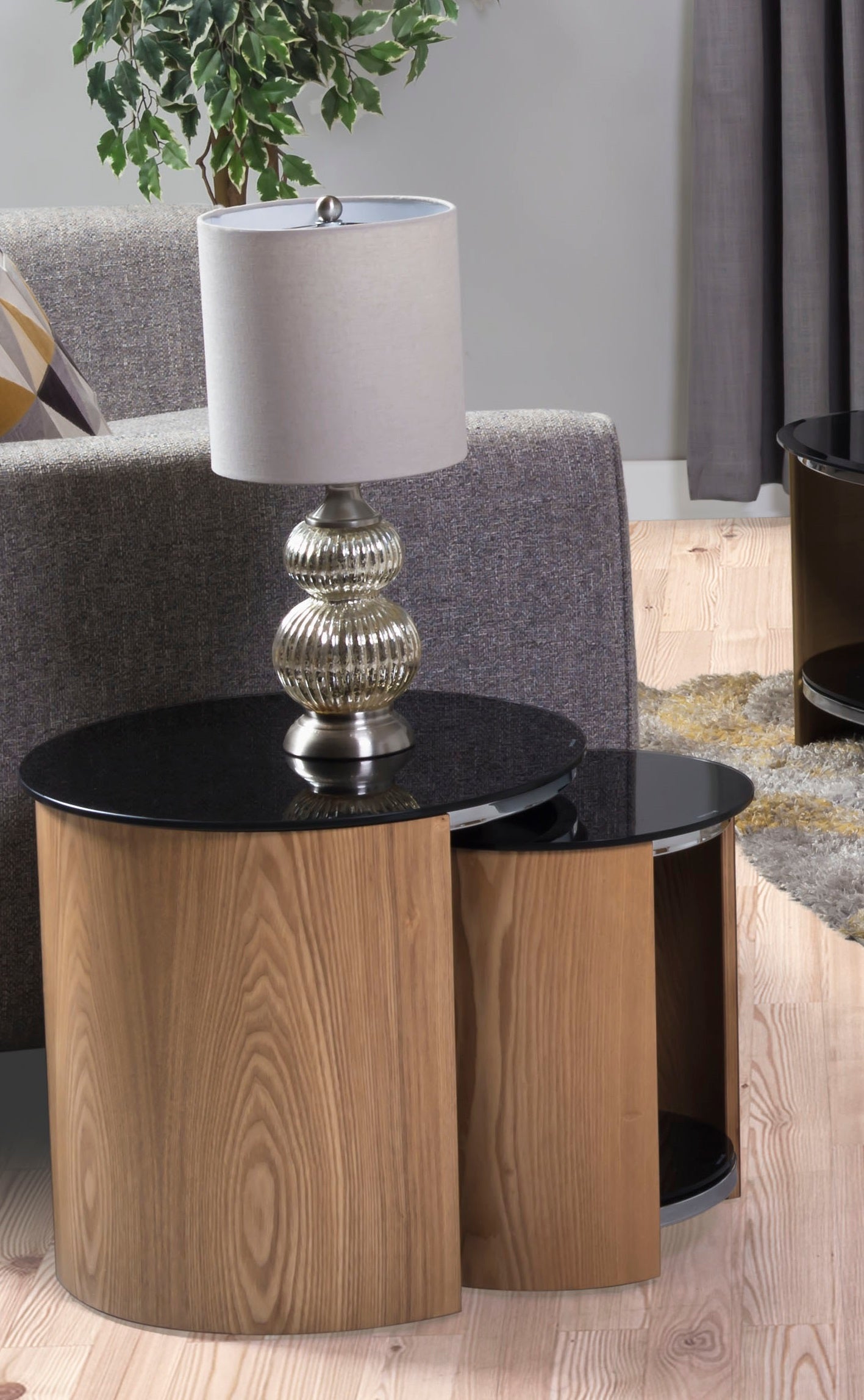 Black Glass and Oak Veneer Nest of Tables - JF305