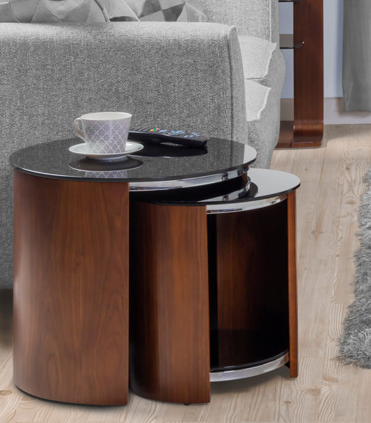 Black Glass and Walnut Veneer Nest of Tables - JF305