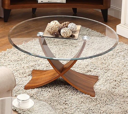 Round Clear Glass Coffee Table with Walnut Veneer - 800mm - JF308