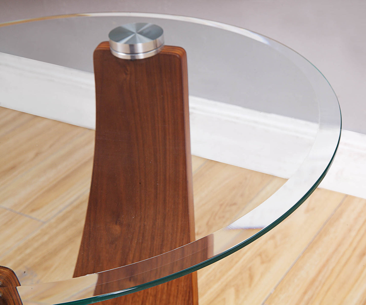 Round Clear Glass Coffee Table with Walnut Veneer - 800mm - JF308