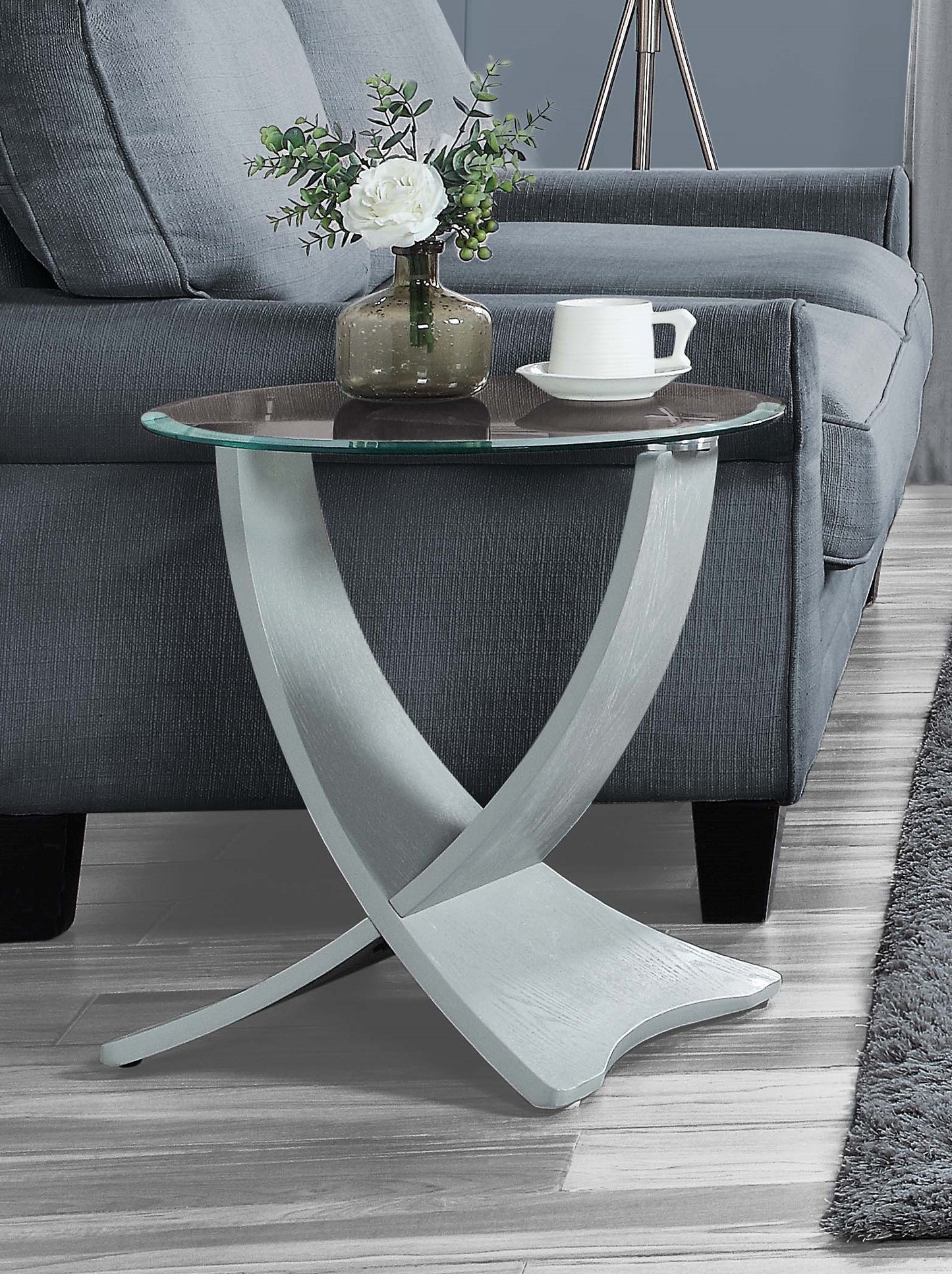 Round Clear Glass Lamp / Side Table with Grey Veneer - 500mm - JF309