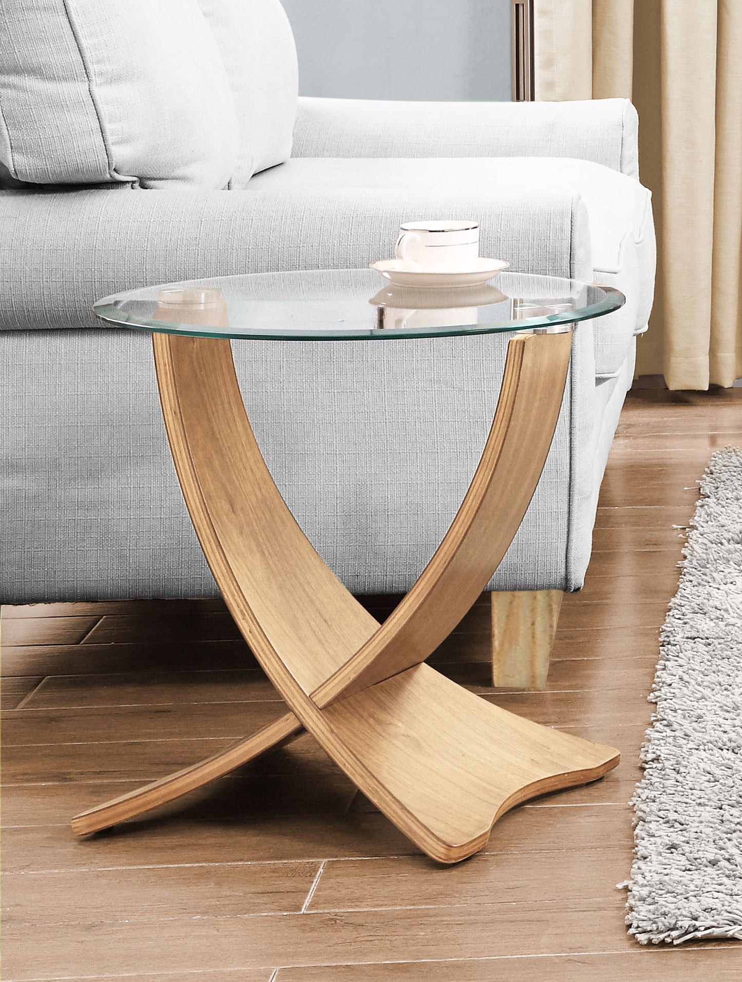 Round Clear Glass Lamp / Side Table with Oak Veneer - 500mm - JF309