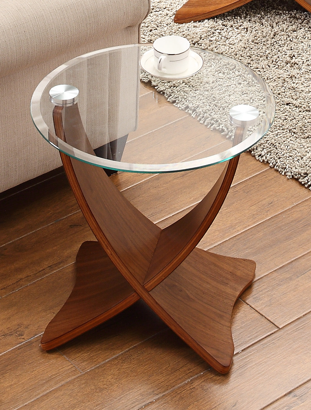 Round Clear Glass Lamp / Side Table with Walnut Veneer - 500mm - JF309