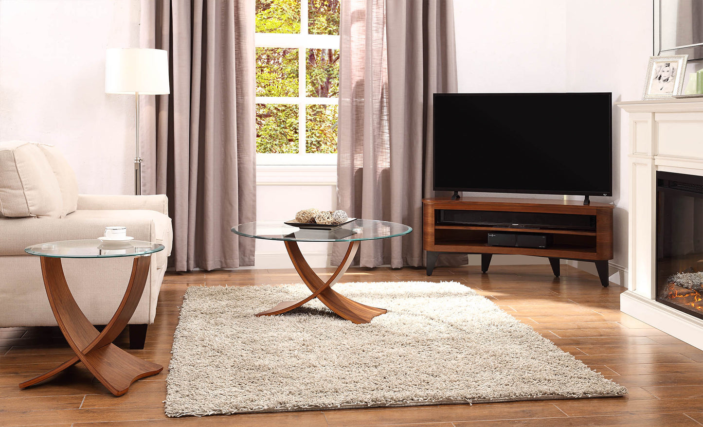 Round Clear Glass Lamp / Side Table with Walnut Veneer - 500mm - JF309