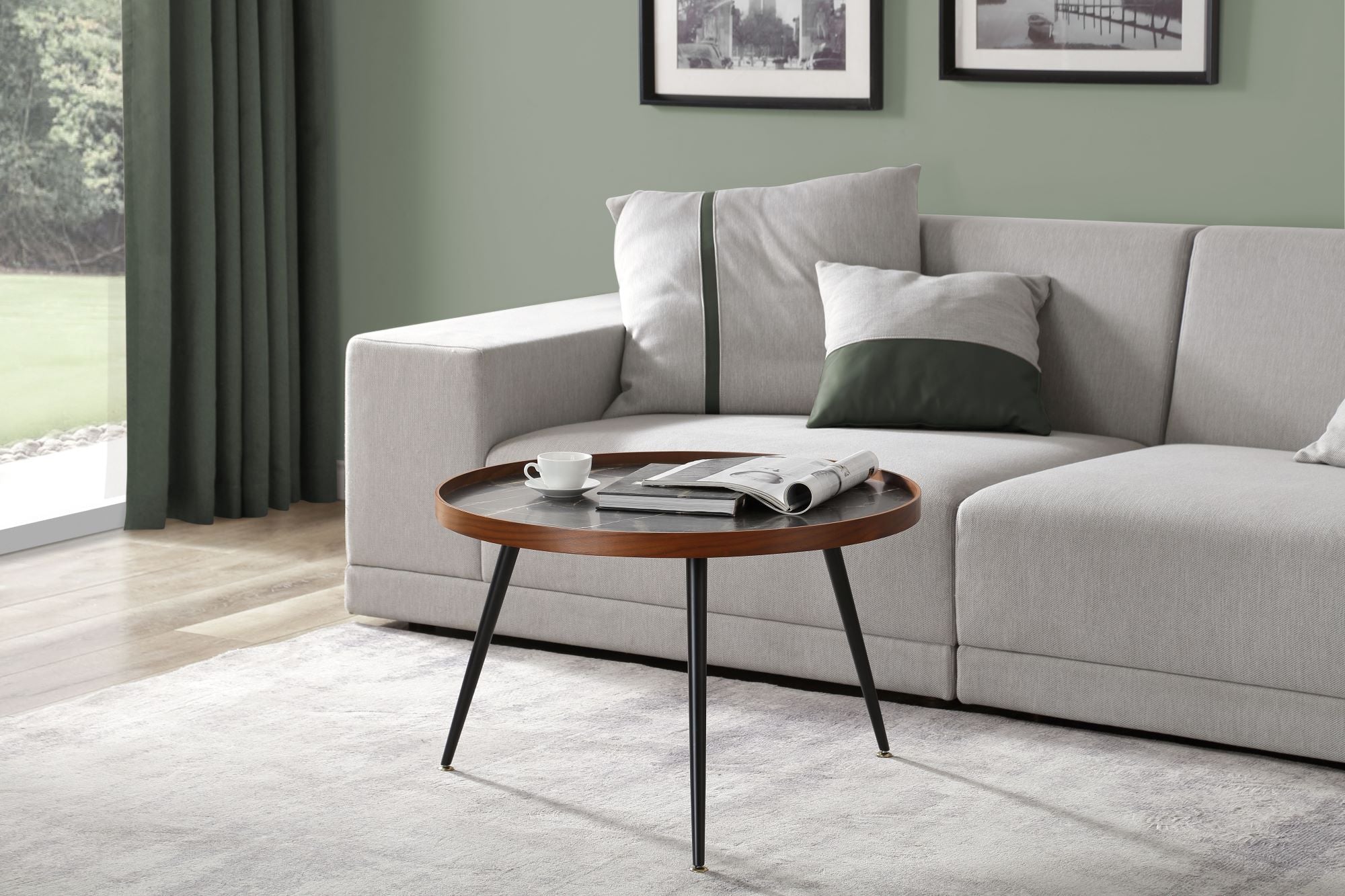 Round Black Marble Coffee Table with Walnut Veneer - 700mm - JF328