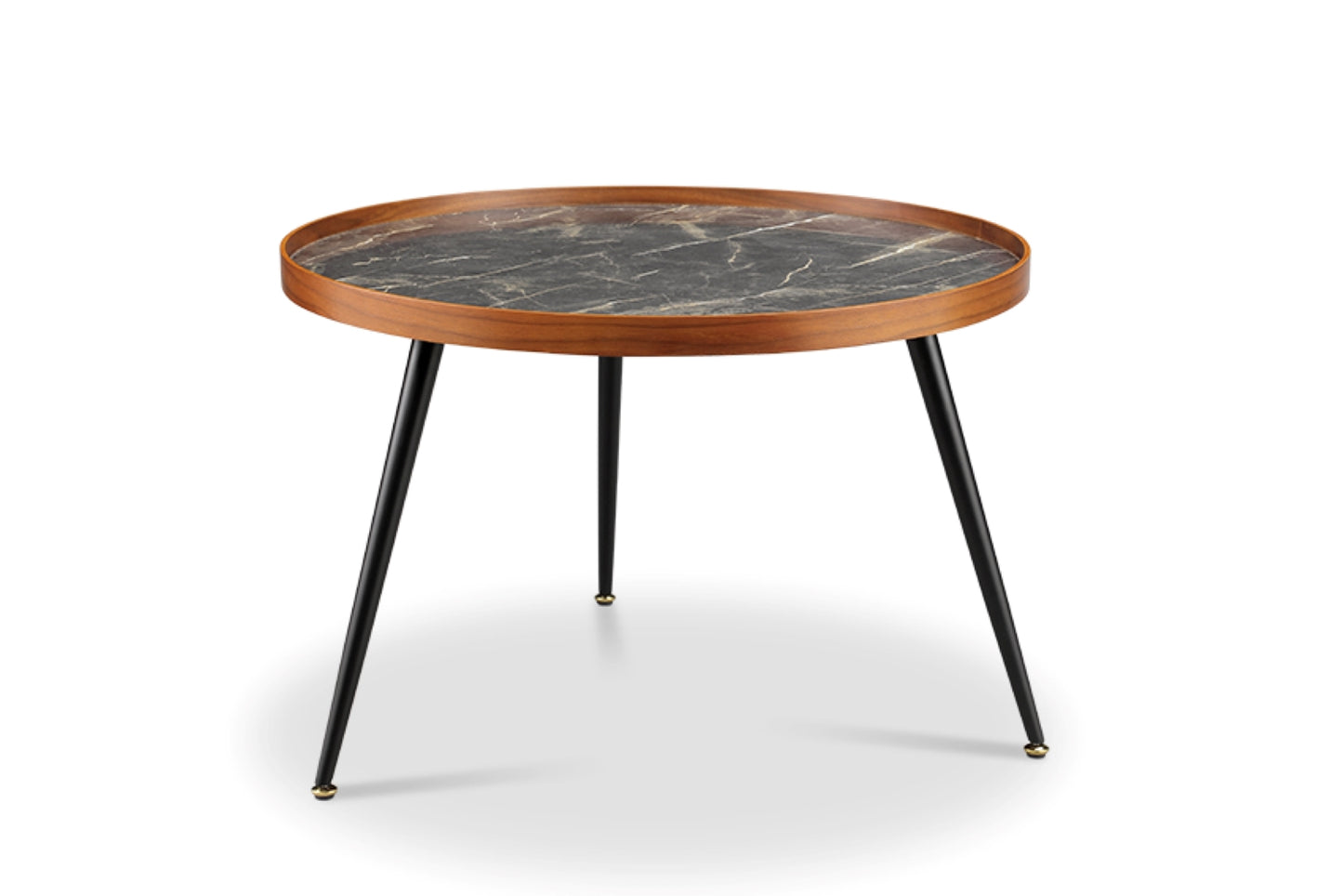 Round Black Marble Coffee Table with Walnut Veneer - 700mm - JF328