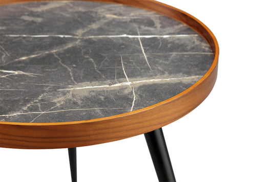 Round Black Marble Lamp / Side Table with Walnut Veneer - 500mm - JF329
