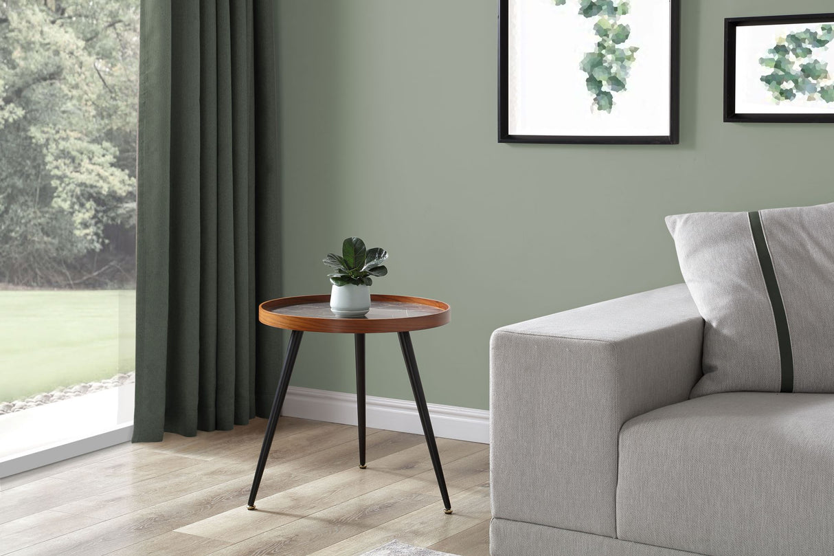 Round Black Marble Lamp / Side Table with Walnut Veneer - 500mm - JF329
