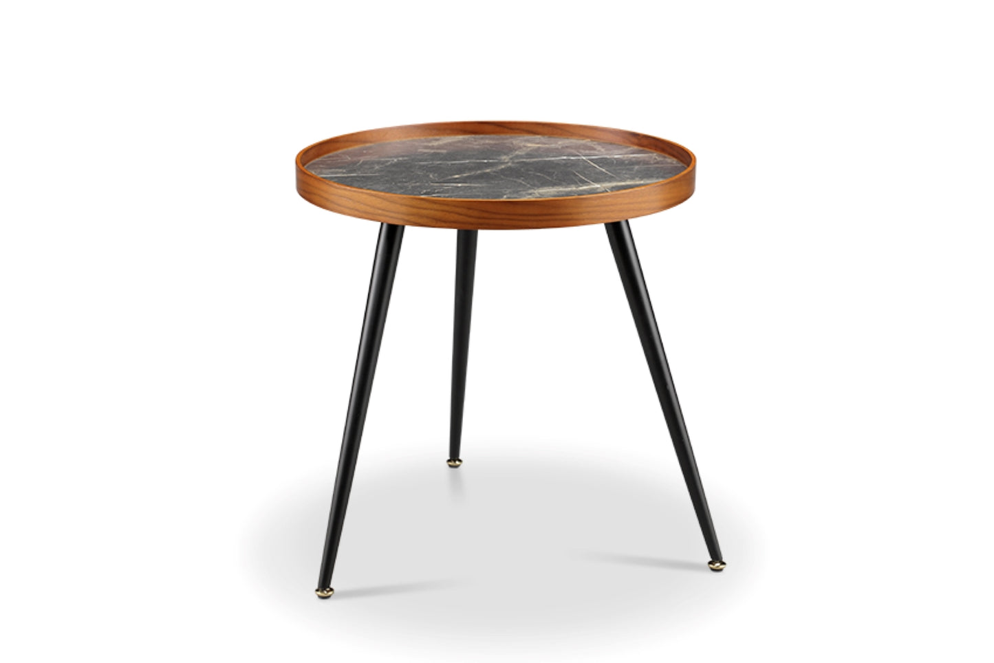 Round Black Marble Lamp / Side Table with Walnut Veneer - 500mm - JF329