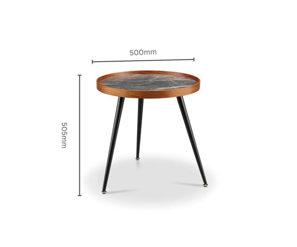 Round Black Marble Lamp / Side Table with Walnut Veneer - 500mm - JF329