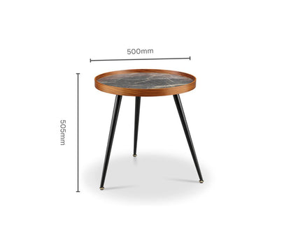 Round Black Marble Lamp / Side Table with Walnut Veneer - 500mm - JF329