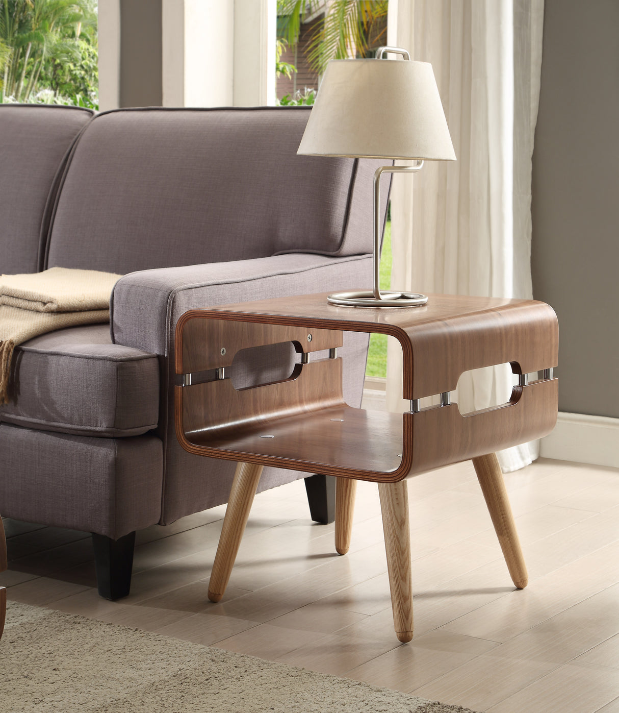 Walnut Veneer with Wooden Leg Lamp / Side Table - JF704