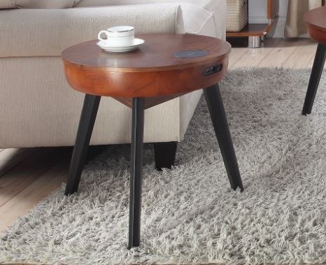 Smart Walnut Veneer Round Coffee / Lamp Table - Built in Speakers, Bluetooth, Wireless Charging and USB - 485mm - JF710